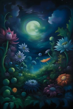 "Capture the essence of a celestial garden, where otherworldly flowers bloom under cosmic skies, in a mesmerizing oil painting.