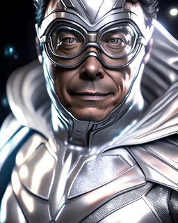 Gustavo Petro anthropomorphic digital art in a silver Super Hero suit hyper-detailed depth of field 8k