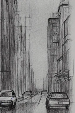 Pencil sketch of A car stops on an empty street, a traffic light, It's raining hard, night , houses on the side ، on lined paper