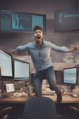 An excited guy who is jumping up and down Infront of his PC, excited,the stock market is rising, 8k quality , highly detailed and super realistic, motion caption style