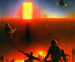 vietnam war. war. napalm. bokeh. lens flare. warm lights. high detailed. beksinski