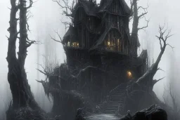  Wednesday Adams, black and white, one tall narrow scary house , pointy roof, cursed trees , dense dark forest, forest background, spiders, bats, bones, Escher style