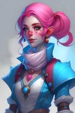 young female dnd air genasi cleric with pale blue skin and deep pink ombre hair