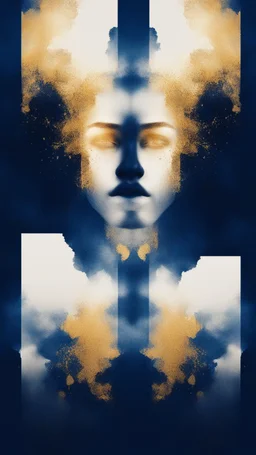 Anything Symmetrically Artistic Related To Double Exposure With The Colors Using Navy-Blue, Maroo, White & Golden With Black Grunge Background.