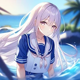 Clear focus,High resolution, Light Blue long hair, Light pink eyes,Wearing a sailor uniform,Looking away from the viewer, Blurry water