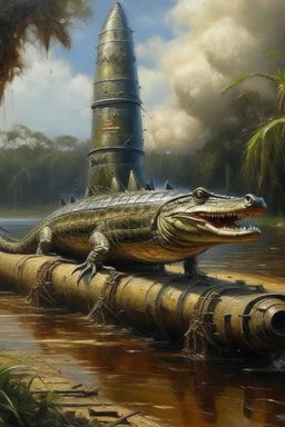 crocodile that looks like a rocket going in for landing, prize winning oil painting