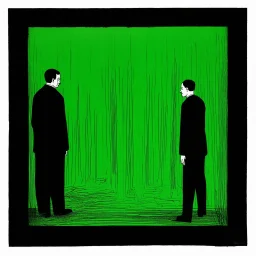 Negotiating dream frequencies, creeping absurdity, by Gabriel Pacheco, by Colin McCahon, ink illustration, Green and black color scheme, unsettling abstract art