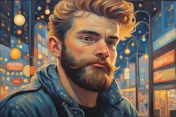 Franklin Carmichael oil painting dreaming young beard punk guy in the pop '80s eclectic mall lights oil painting art