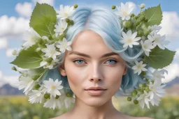 a beautiful woman with all defined parts of body. perfect face, hands, symetric eyes,light blu hair, that represents freedom, lightness simplicity, love is pure and delicate and leaves room for Trust. there is also chicory bach flower in the lanpscape