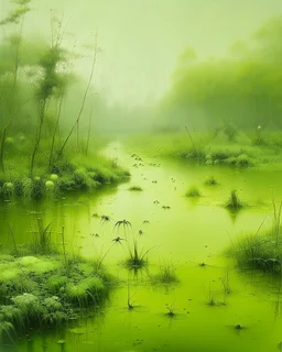 A light yellowish green swamp with bugs in daylight painted by Zhang Lu