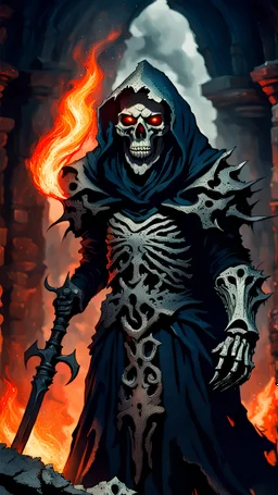 Scary huge figure in a torn ancient armored mantle, the face resembles a skull, looks like a lich, a creepy scythe in a bone hand, fiery eyes, a creepy background, cinematic style