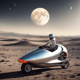 They ride a retro space scooter, gliding across the lunar terrain, adding a touch of nostalgic charm to their plight. The sleek metallic vehicle effortlessly cuts through the moon's low gravity, with the twin women holding onto each other, their bodies pressed close, as they navigate the barren landscape. The scooter's vintage design contrasts with the futuristic surroundings, evoking a sense of adventure and freedom. They zoom past craters and lunar rocks, their laughter echoing through their h