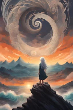 Book cover art. The sky is full of spirals. A 20 year old girl with silver hair is standing on a mountain surrounded by an ocean.