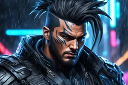 Machine venom in 8k cyberpunk drawing style, yasuo costume, yasuo hair, rain, highly detailed, high details, detailed portrait, masterpiece,ultra detailed, ultra quality