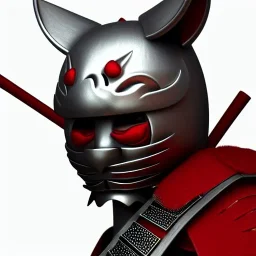 Personnage détaillé, chat, anthropomorphique, habillé comme un samurai, armure très détaillé, rouge, argent, modélisme 3d