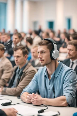 A simultaneous translator of Slavic appearance is sitting at a table with headphones with a microphone at a briefing, in a large hall, there are a lot of people around, the background is blurred, everything is in pastel light colors