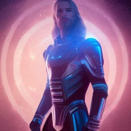 Full body ,Beautiful cosmic man, blue eyes, long blond hair, smiling, cosmic suit, galactic backdrop, soft lighting, hyper realistic, unreal engine 5, 16k