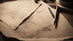 A photographic view of Vintage paper with slightly cracked edges along with a sketch-pen with cinematic and dramatic lighting and ambiance.