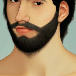 A deep and detailed portrait of a handsome, black-haired 15-year-old with a mole below his chin, a very light beard, and brown eyes , 8k