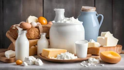 Jug of milk, cheese, butter, yogurt or sour cream, cottage cheese, bread and eggs. Farm dairy products concept