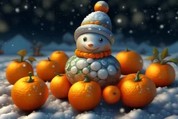 beautiful cute snowman made of tangerines, professional photo, high resolution, frame depth, high detail, 1024k, ISO 1000, digital art, botanical art, filigree, hyperrealism, surrealism, glitter, cinematic, backlight, full HD wallpaper
