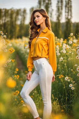 fullbody close up shot of young-beautiful-girl-with-a-perfect-face wearing pants and thight blouse and jacket sport shoes standing in country side green field flowers day lights