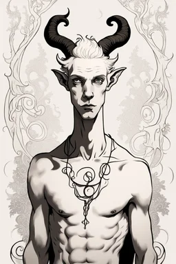 young satyr male albino alchemist with small horns in the style of Aubrey Beardsley