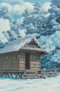 Masterpiece, Clear sky, 1cabin, woods, maunten, snowy,