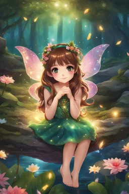 Deep in the heart of a vibrant, magical forest filled with vivid colors, there sat a cute anime fairy girl with shiny brown hair, wearing a glittery floral summer dress. Perched on a river stone, surrounded by flickering lights and the enchanting aroma of nature, she gazed with her big, glowing, lovely eyes into the wondrous fantasy world around her, brought to life through the strokes of colored ink.