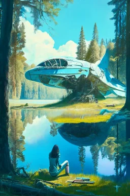 spaceship in a woodland clearing, next to a lake, with a woman kneeling under it, repairing it, blue sky