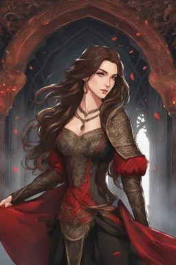 A (((beautiful woman with long, brown hair and red eyes))), in the Witcher universe, anime style, highly detailed, representing a (((royal medieval concubine))), clad in intricate ((red and black clothes)), set against a (detailed, anime-inspired backdrop)