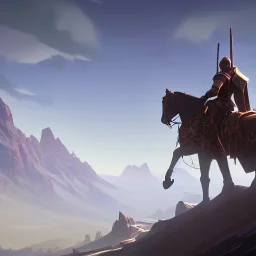  mountains with medieval knight in armour traveling on a horse in the background