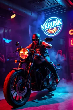 An "hard MC guy" performing at dance club, his name is "Benny" Very hard looking, motorbike Harley davidson on stage, Neon lights and smog, "KUKRUNK" sign on the wall