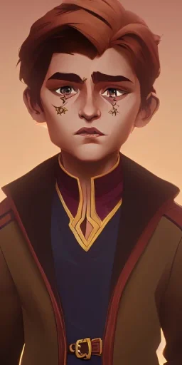 Portrait of a handsome 9 year old brown haired little warlock kid with familiar