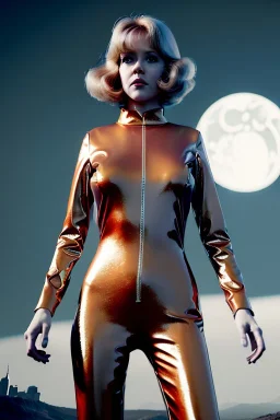 Ultra Realistic retro sci-fi portrait New York image from 1960, space ship, sweet young Jane Fonda, tight latex suit, weapon, fighting stance, soft color, highly detailed, unreal engine 5, ray tracing, RTX, lumen lighting, ultra detail, volumetric lighting, 3d, finely drawn, high definition, high resolution.