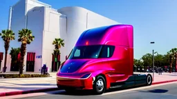 A Tesla semi-truck is racing at top speed, across the 'Universal Studios Orlando', in Florida. CINEMATIC. WIDE ANGLE LENS.
