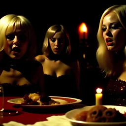 Horror movie shot, spooky, hot, ultra realistic, dine, black, ultra realistic hot blonde women, party, pieces of meat, organs, ail, dynamic, very excited people, hypermaximalist figures, they come, 1970's Italian horror movie, sinister,, Dario Argento, Stanley Kubrik, ornate, 4k, photorealism