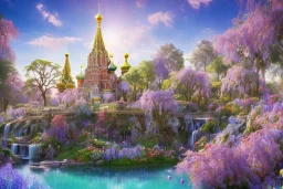 colorfull crystal russian PALACE, sun,swanns,waterfall, BLUE LAKE, SWANNs,fuksia bugainvillier flowers, jacaranda violet trees, sky pink blue, full of details, smooth, bright sunshine，soft light atmosphere, light effect，vaporwave colorful, concept art, smooth, extremely sharp detail, finely tuned detail, ultra high definition, 8 k, unreal engine 5, ultra sharp focus