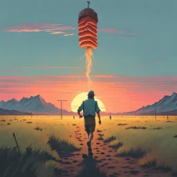 The holy kebab, simon stålenhag style, the kebab man running away with the holy Kebab, on a empty grass field to the sunset, Mountains in the back