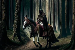 hooded monk on horseback in the forest