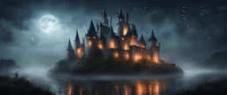 Hyper realistic huge haunted castle in a heavy foggy night with fireflies between an ocean