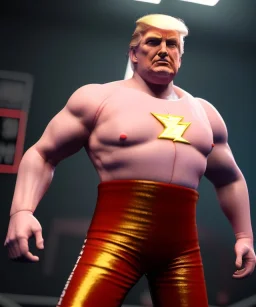 Donald trump wrestler, wrestling, flash lights, naked torso, color breeches, suspenders, retro style, 80s, hot ambient, photo studio, red, gold, vibrant color, gradient, highly detailed, art stations, concept art, smooth, unreal engine 5, god rays, ray tracing, RTX, lumen lighting, ultra detail, volumetric lighting, 3d, finely drawn, high definition, high resolution.