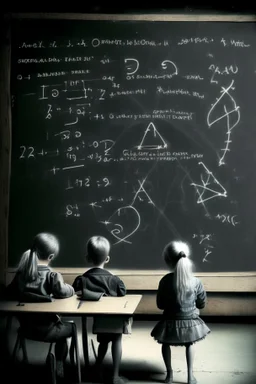 Subatomic particles writing equations on a chalkboard, while educating human children sitting at desks