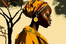 Design, African woman, oil painting, featureless, graphic, drawing without facial features, background, sky, trees, traditional clothes, look to left