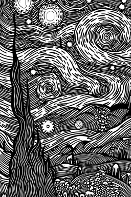 colouring pages about "Starry Night" from Van Gogh's famous painting. Black and white, minimalist line.