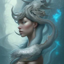 sango fantasy, fantasy magic, intricate, sharp focus, illustration, highly detailed, digital painting, concept art, matte, artgerm and paul lewin and kehinde wiley, masterpiece silver dragon head blue African nice breast Afo woman turquoise waves