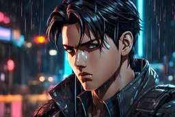 levi 8k anime sci-art drawing style, levi custom, neon effect, close picture, rain, apocalypse, intricate details, highly detailed, high details, detailed portrait, masterpiece,ultra detailed, ultra quality