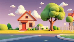 Cartoon 3D landscape, horizontal Street, simple house ) building, tree, fluffy cloud, kindergarten style purpose/ Disney, horizontal road with side walk ( from left to right screen)