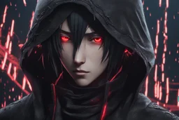 Itachi Uchiha in 8k nier automata artstyle, Uchiha Custom, neon effect, close picture, rain, fantasy world, intricate details, highly detailed, high details, detailed portrait, masterpiece,ultra detailed, ultra quality