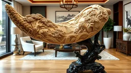 an elephant tusk beautifully and detailed carved with Chinese landscape with trees and waterfalls, The tusk stands in a beautifully carved ebony wood stand, the room is beautifully and detailed decorated with modern furniture